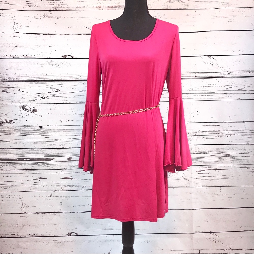 Carson Kressley Bell Sleeved Fuchsia Dress w/Belt